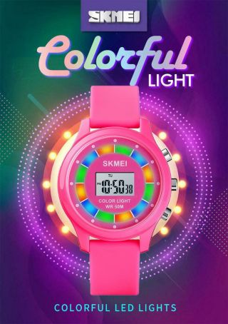 Skmei Kids Boys Girls Children Digital Watch Stopwatch Date Flashing Lights Pink