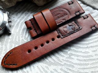 24mm Vintage Old School Handmade Leather Watch Strap,  Ammo Punch,  Brown