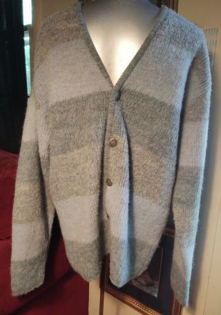 Vintage 50s 60s Blue Gray Stripe Mohair Cardigan Grandpa Grunge Darwin Sweater L