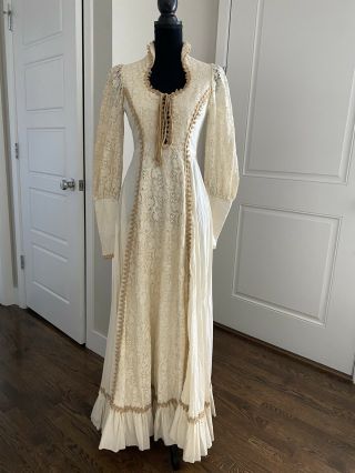 Vintage 1970s Gunne Sax Dress Size 9 Lace Long Sleeves Prairie