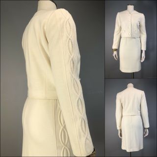 Vintage 80s Courreges Skirt Suit Wool Blend Trapunto Cable Winter White Wedding