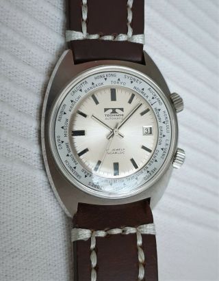 Vintage Large Swiss Technos World Time Automatic Watch In Steel,  41mm Case,  Runs