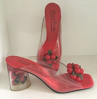 Vtg Beverly Feldman Rockabilly Pin Up Red Cherry Lucite Plastic Heel Shoes Sz 8