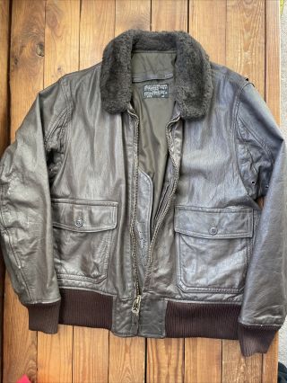 Vintage 60s Us Navy Usn G - 1 Brown Leather Shearing Collar Bomber Jacket Size 42
