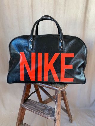 Vintage Rare 1970’s Nike Duffel Bag Black Leather Red Logo Large Nike Bag