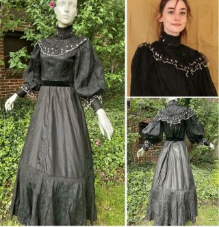 Great Vintage 1890s Victorian Era 2 - Piece Silk Chiffon Dress With Gigot Sleeves