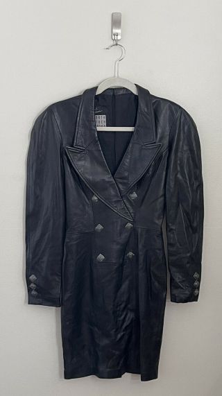 Vtg Michael Hoban North Beach Leather Black Long Sleeve Dress W Buttons Sz Xs/s