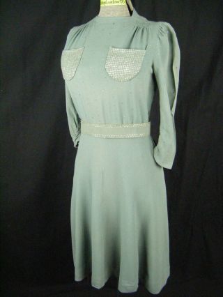 F.  O.  G.  A.  Rare Vtg 30 - 40s Grey Blue Rhinestone Studded Crepe Dress - Bust 36/2xs - Xs