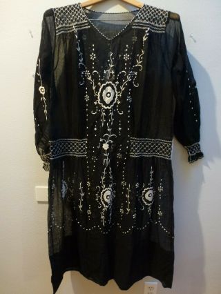 Antique Black Cotton Dress With White Embroidery Sheer