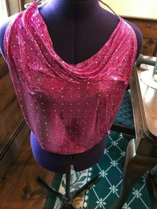 Whiting And Davis Vintage Pink Metal Mesh Cowl Neck Top With Rhinestone S,  M,  L