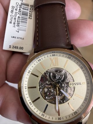 Fossil Mens Flynn Automatic Gold Tone Brown Leather Skeleton Watch Bq2382 Nwt