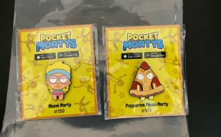Pocket Mortys Pepperoni Pizza Morty Pin 104 And Miami Morty Pin 150