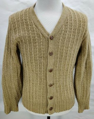 Vintage 50s 60s Barclay Tan Brown Alpaca Wool Cardigan Sweater Men 