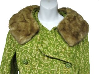 VINTAGE Mod 60 ' s Green Brocade Tapestry Mink Fur Collar Union Made Coat Jacket S 2