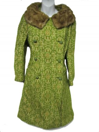 VINTAGE Mod 60 ' s Green Brocade Tapestry Mink Fur Collar Union Made Coat Jacket S 3