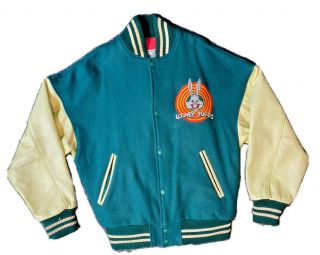 Warner Bros Mens Med Green Wool Cream Leather Bugs Bunny Fast Ball Jacket 1990