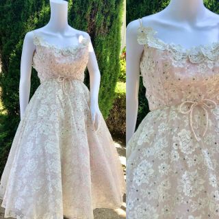 Vintage 50s Pale Pink Silver & White Lace Rhinestone Cupcake Wedding Dress Xs