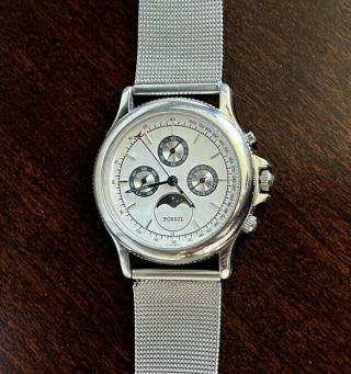 Vintage Fossil Stainless Mesh Chronograph Moon Phase Watch