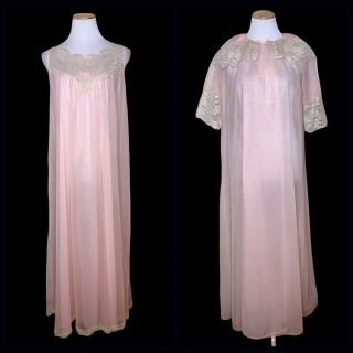 Vintage Gotham Lingerie Peignoir Set Robe Nightgown Pink Nylon Lace Sz M