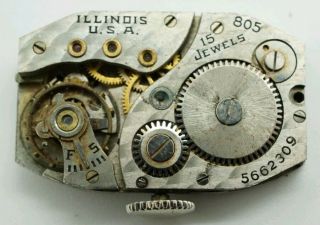 Vintage Illinois Cal.  805 15 Jewel Wrist Watch Movement For Repair