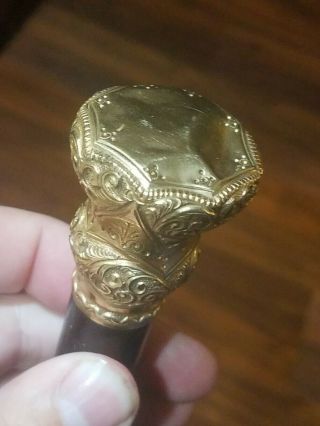 Antique Victorian Repousse Gold Top Knob 603 Ebony Walking Stick Cane 1890 