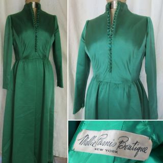 Mollie Parnis Boutique Silk Green Satin Formal Gown Dress Metal Zipper Peau De S