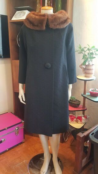 Vtg 40s Textured Wool Mink Fur Collar Swing Black Glam Film Noir Evening Coat M