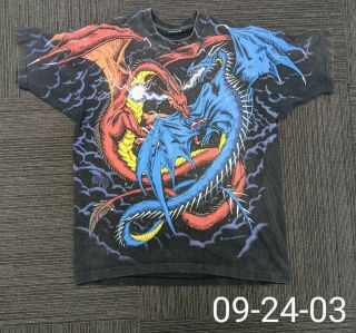 Vintage 1994 Liquid Blue Dragon Fight All Over Print T - Shirt