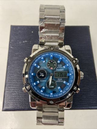 Stauer Digital Analog Blue Stone Steel Mens Watch 33207 World Chronograph Alarm