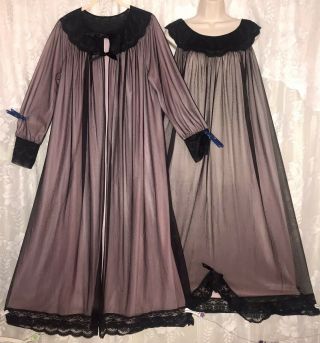 Vtg L Black Sheer Chiffon Over Pink Nylon Peignoir Robe Nightgown Negligee Lace