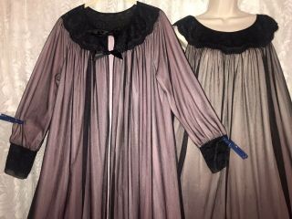 VTG L Black Sheer Chiffon over Pink Nylon Peignoir Robe Nightgown Negligee LACE 2