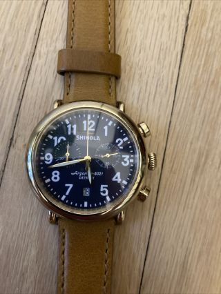 Shinola 41mm Gold Casing With Blue Watch Face.  Brown Leather Strap.  S0110000175