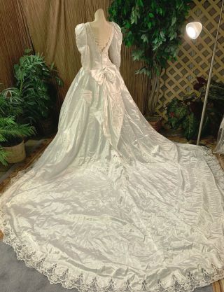Pearled Long Sleeve White Beaded Satin Wedding Dress Bridal Gown Veil Small - Med