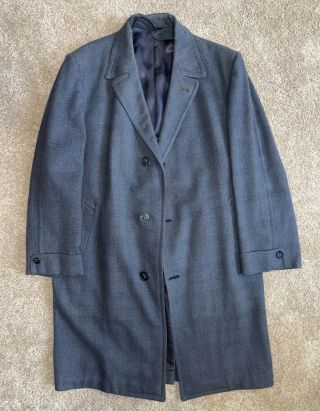 Vintage 50s 60s Atomic Tufted Glen Check Wool Gabardine Overcoat Grey Red 44 46