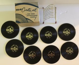 Vtg Hi - Fi Vinyl Record Coaster Set W/ Metal Holder - Wd1rc Have One On Us