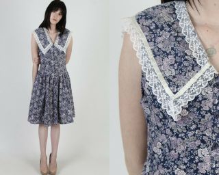 Vintage 80s Gunne Sax Dress Navy Calico Floral Lace Collar Country Fairy Mini 11