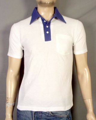 Vintage 70s 80s Print - Ons White Blue Solid Blank 2 Tone Polo Shirt Pocket Punk S