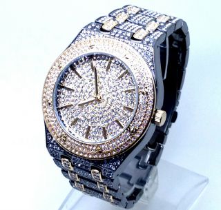 344o Herren Luxus Armbanduhr Schwarz Rotguss Rosegold Band Diamant Kristall Dial