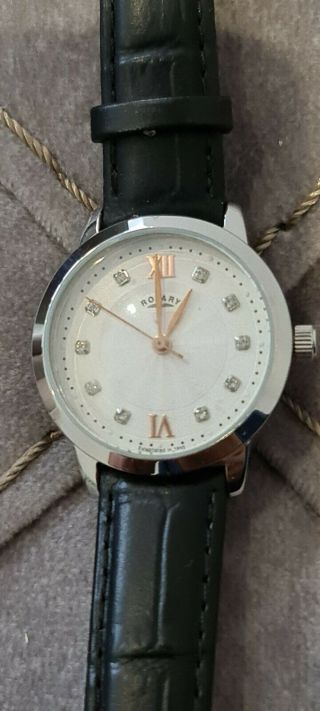 Ladies Rotary Watch Black Croco Strap,  Silver Dial & Rose Gold Hands - Ex Sample