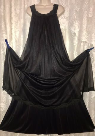 Vtg L Xl Black Intime Sheer Chiffon Over Nylon Nightgown Negligee Gown W Lace