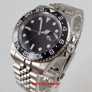 40mm Parnis Black Sterile Dial Date Gmt Sapphire Glass Automatic Mens Watch 1183