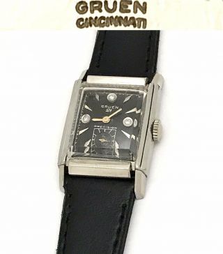Vintage 1940s Art Deco Gruen Precision 21 Jewel Mens Watch Black Diamond Dial