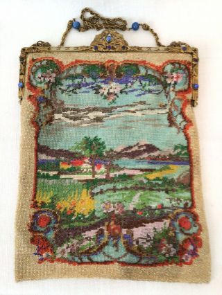 Vintage Antique Scenic Micro Beaded Ornate Dragon Frame Purse Bag Handbag