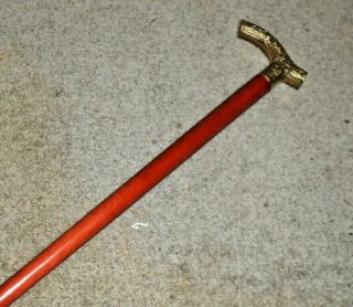 Vintage English Wood Walking Stick With Brass Decorated Handle 36 Inch Or 92 Cm