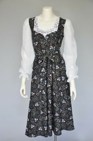 Vtg 80s 1980s Black Calico Floral Cotton Gunne Sax Dress Sheer Sleeves S/m