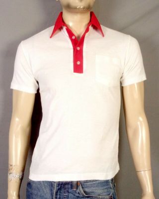 Vintage 70s 80s Print - Ons White Red Solid Blank 2 Tone Polo Shirt Pocket Indie S
