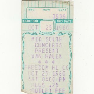 Van Halen Concert Ticket Stub Louisville Ky 10/25/80 World Invasion Tour Rare