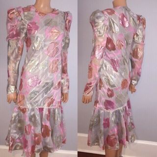 Vintage 80s Chiffon Lurex Drop Waist Couture By Judy Hornby Mermaid Dress Sz M