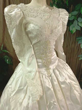 Long Sleeve Beaded White Satin Wedding Dress Bridal Gown Detach Train Size Small