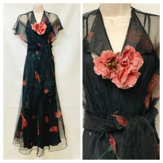 Vintage Flapper Titanic Art Deco Sheer Poppy Floral Black Dress Gown & Underslip
